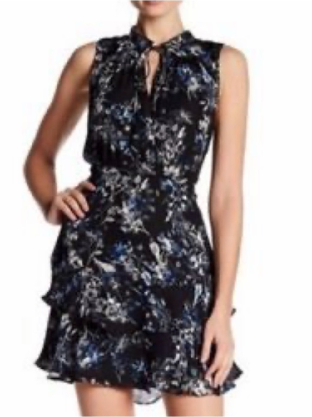 Parker Sleeveless Black & Blue Floral Ruffle Mini Dress - Medium